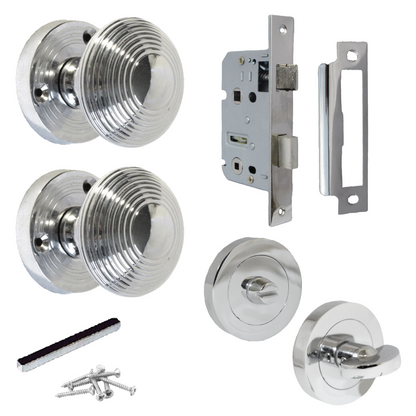 Boutons de porte à mortaise ronds cannelés - Serrure à bouton de salle de bain chromé 56 mm
