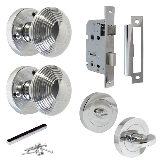 Boutons de porte à mortaise ronds cannelés - Serrure à bouton de salle de bain chromé 56 mm