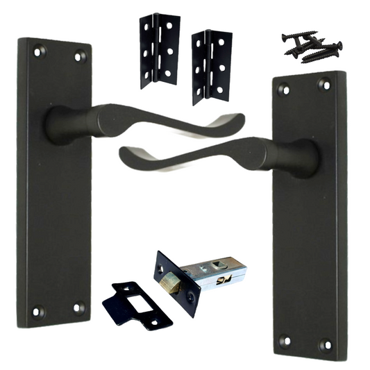 Poignées de porte victoriennes à levier et loquet à volutes - Noir mat, pack de charnières 150 x 40 mm