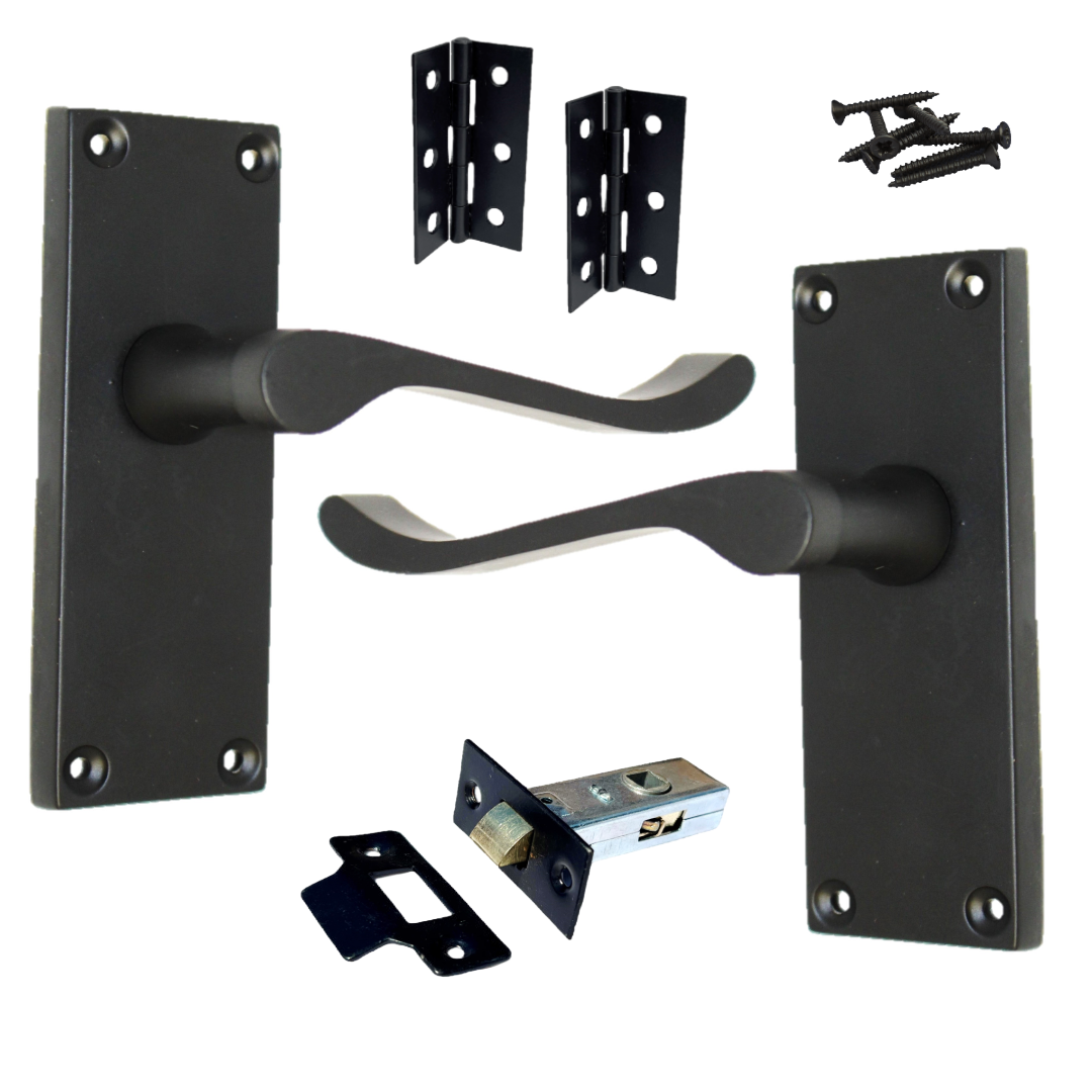 Poignées de porte à levier à défilement et loquet interne - Charnières noires mates 118 x 40 mm
