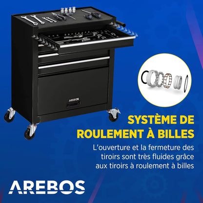 AREBOS chariot atelier 4 tiroirs, 81 outils, roulettes freinées, noir
