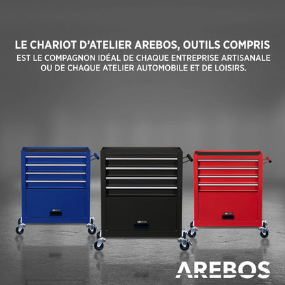 AREBOS chariot atelier 4 tiroirs, 81 outils, roulettes freinées, noir