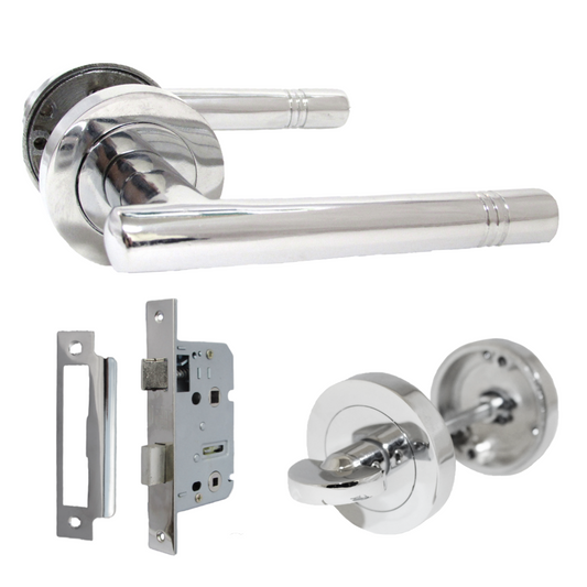Poignées de porte Cossima en T, levier droit, bouton et serrure pour salle de bain – Chrome 125 mm