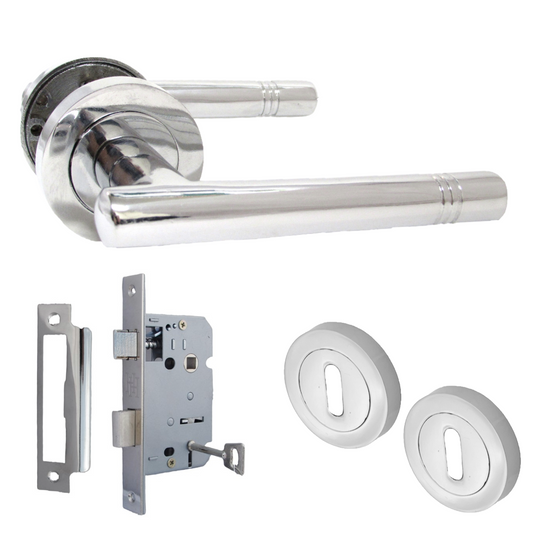 Poignées de porte Cossima en T, levier droit, écusson et serrure à clé - Chrome 125 mm