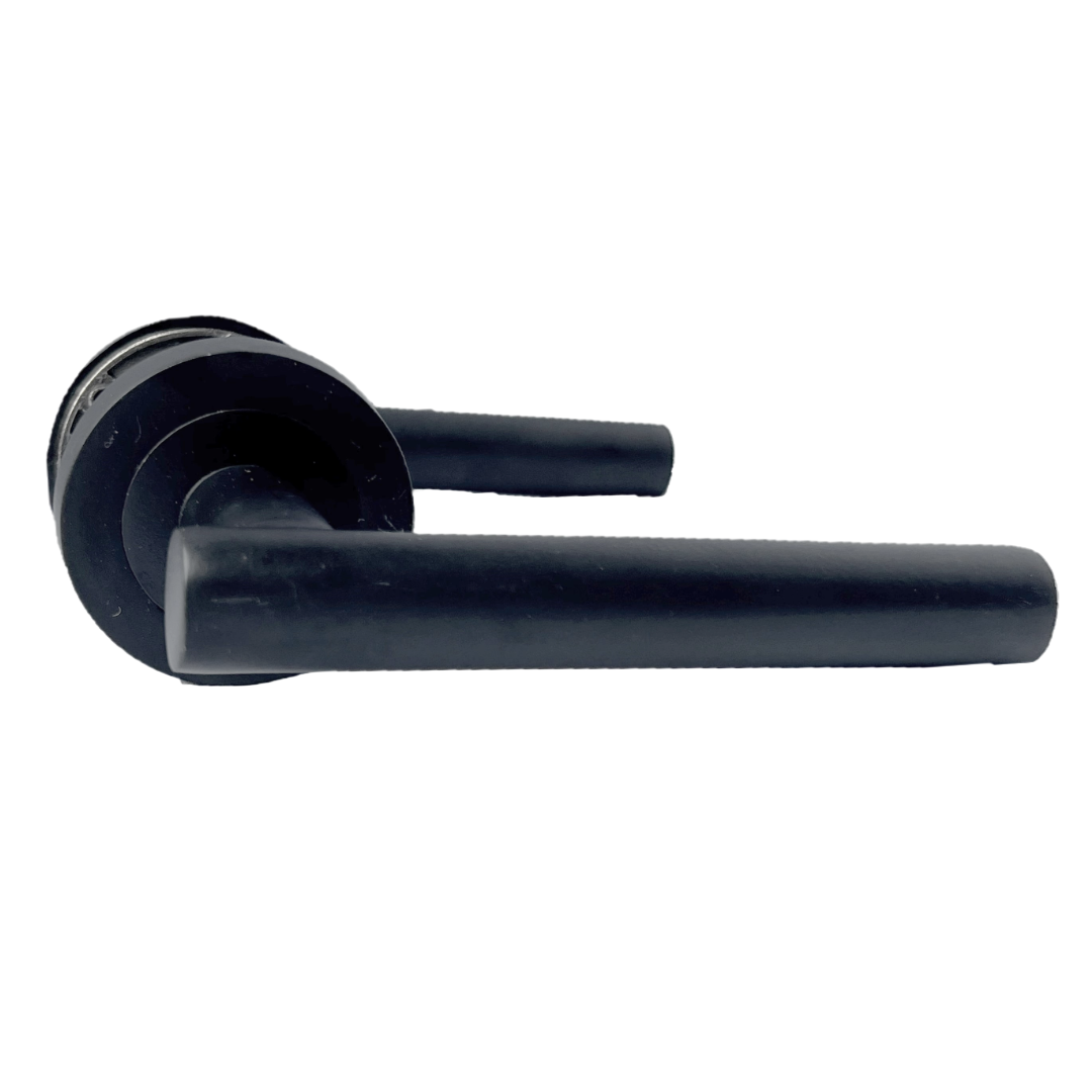 Poignées de porte noires mates à levier en T sur rosace ronde, ensemble de portes avec charnières et loquet