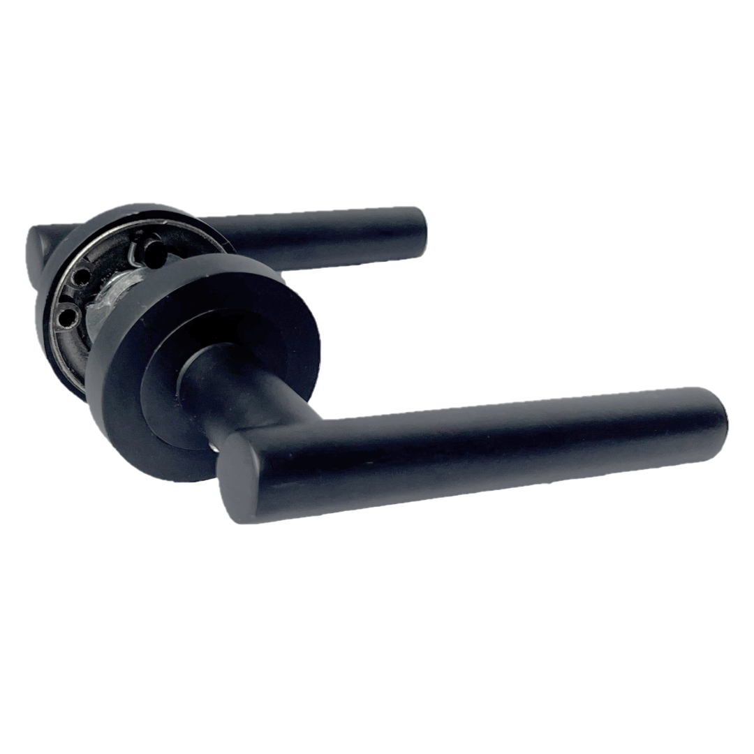 Poignées de porte noires mates à levier en T sur rosace ronde, ensemble de portes avec charnières et loquet
