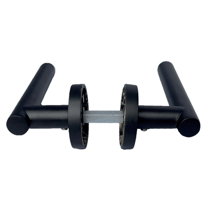 Poignées de porte noires mates à levier en T sur rosace ronde moderne avec loquet tubulaire