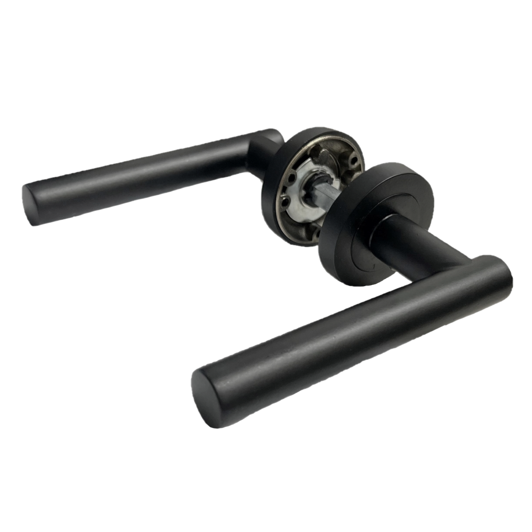 Poignées de porte noires mates à levier en T sur rosace ronde, ensemble de portes avec charnières et loquet