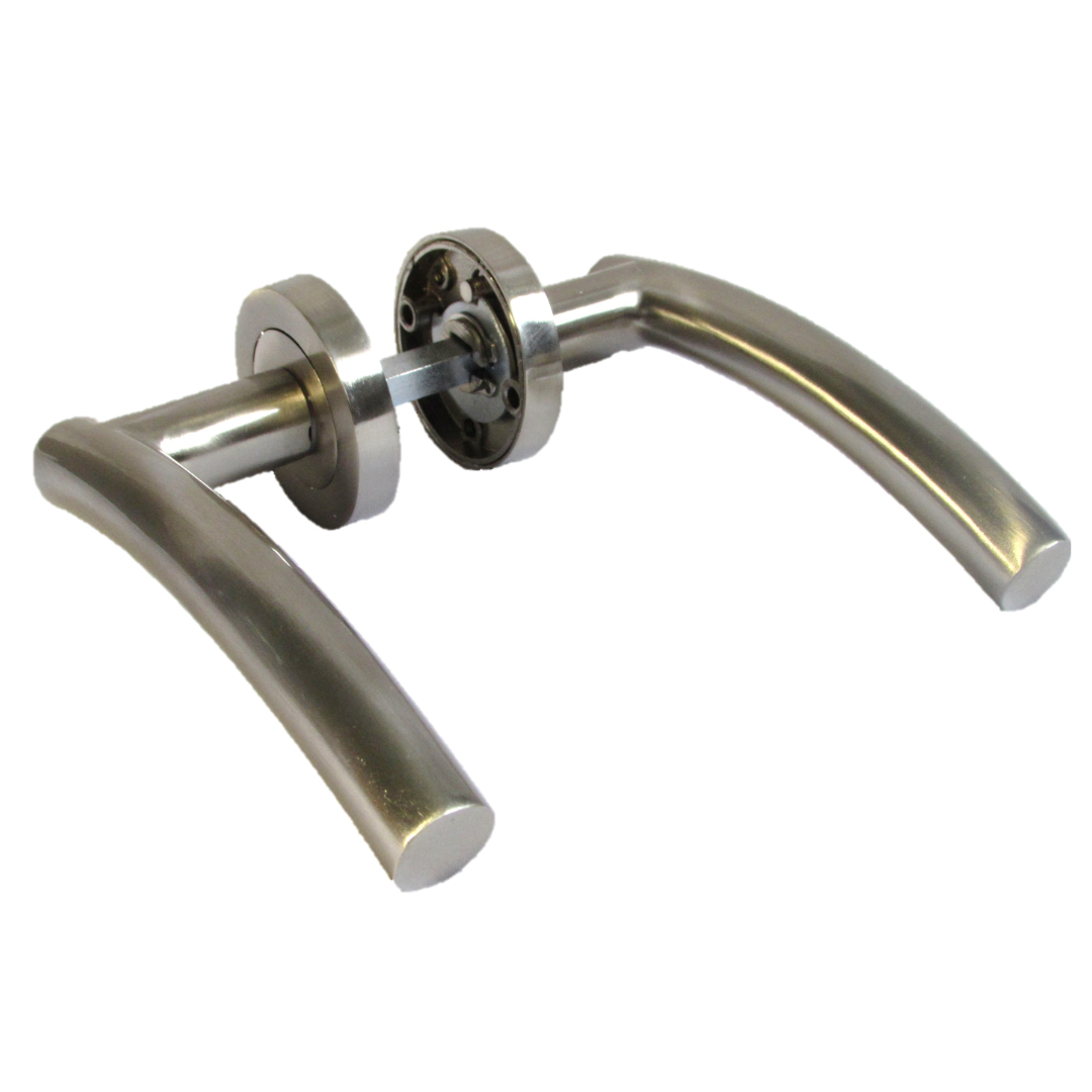 Poignée de porte à levier arquée sur rosace SATIN Serrure de salle de bain à bouton-poussoir