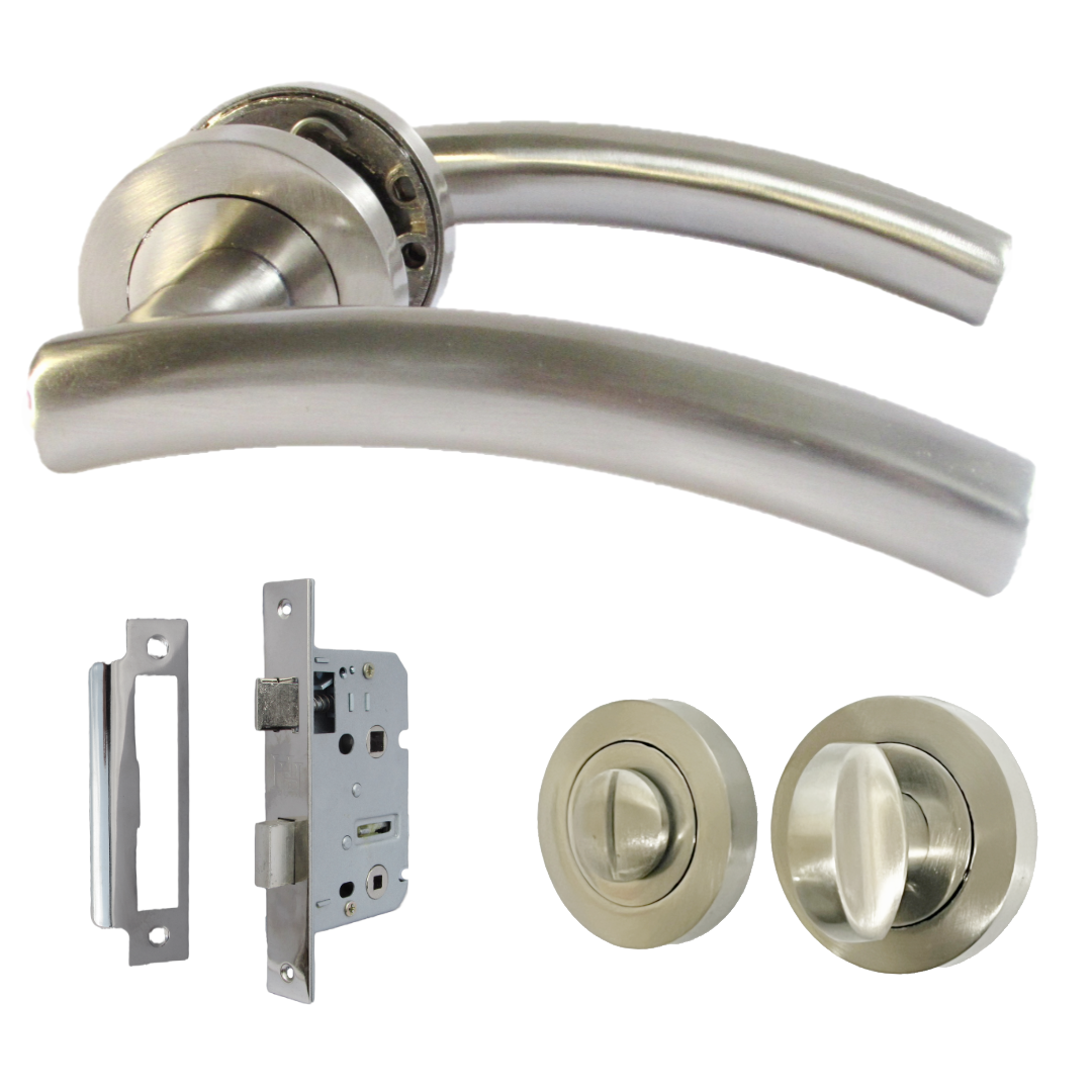 Poignée de porte à levier arquée sur rosace SATIN Serrure de salle de bain à bouton-poussoir