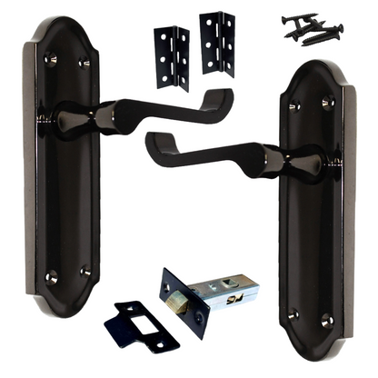 Loquet de porte Ashford à levier à défilement - Pack loquet et charnière en nickel noir