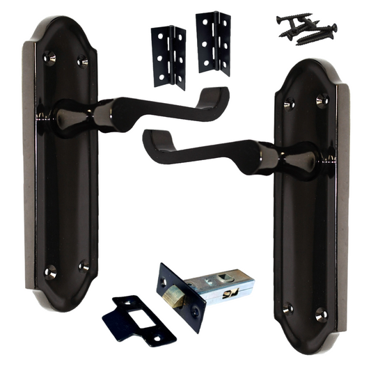 Loquet de porte Ashford à levier à défilement - Pack loquet et charnière en nickel noir