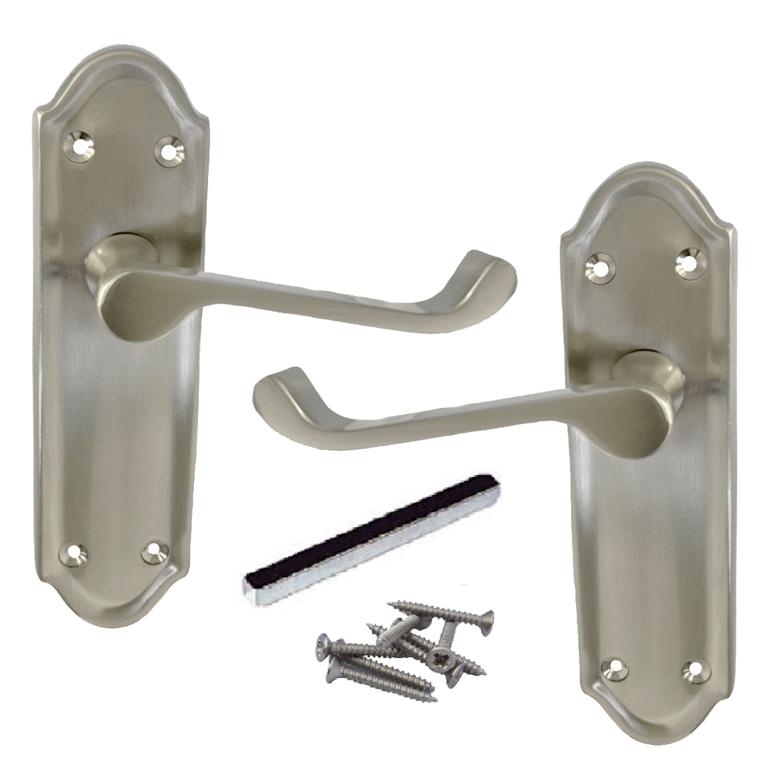 Poignée de porte Ashford à loquet interne et levier à défilement - Pack loquet et charnière satinés