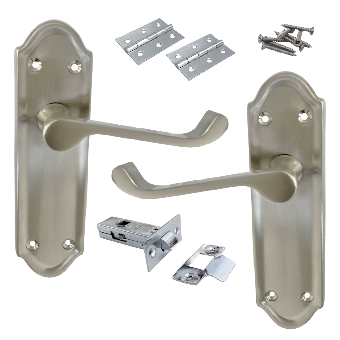 Poignée de porte Ashford à loquet interne et levier à défilement - Pack loquet et charnière satinés