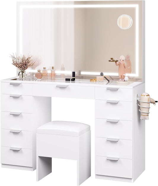 YITAHOME coiffeuse LED 3 couleurs, miroir + prise, 11 tiroirs, blanche