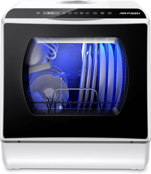 AIRMSEN mini lave-vaisselle 5+1 programmes, 5L, tactile, LED, blanc/noir