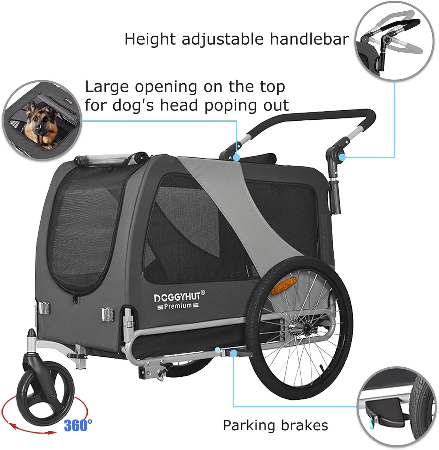 Doggyhut TIGGO XXL remorque chien + kit jogger, gris, moyen/grand chien