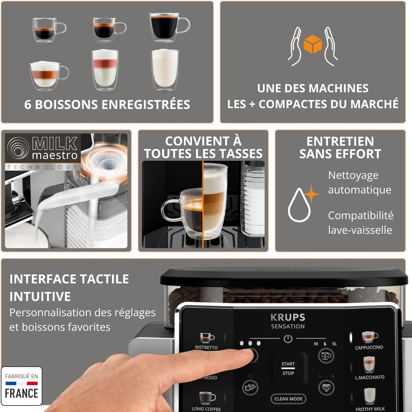 Krups Sensation Lait expresso grains, 6 boissons, carafe lait, EA912E10