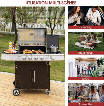 Royal Gourmet barbecue gaz 4+1 brûleurs inox, 14.5kW, jardin, roues et portes