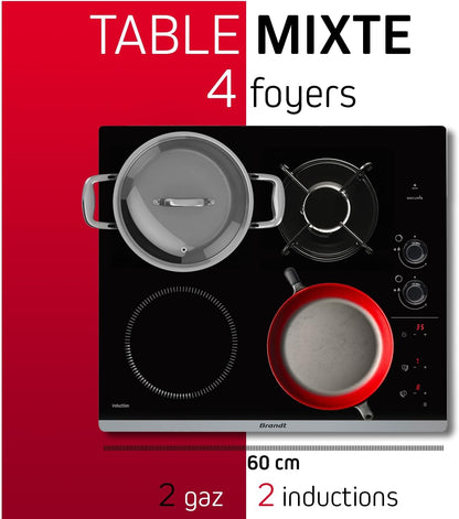 Brandt BPI6413BM plaque induction/gaz, 4 foyers, 3400W/4600W, encastrable 56x49cm