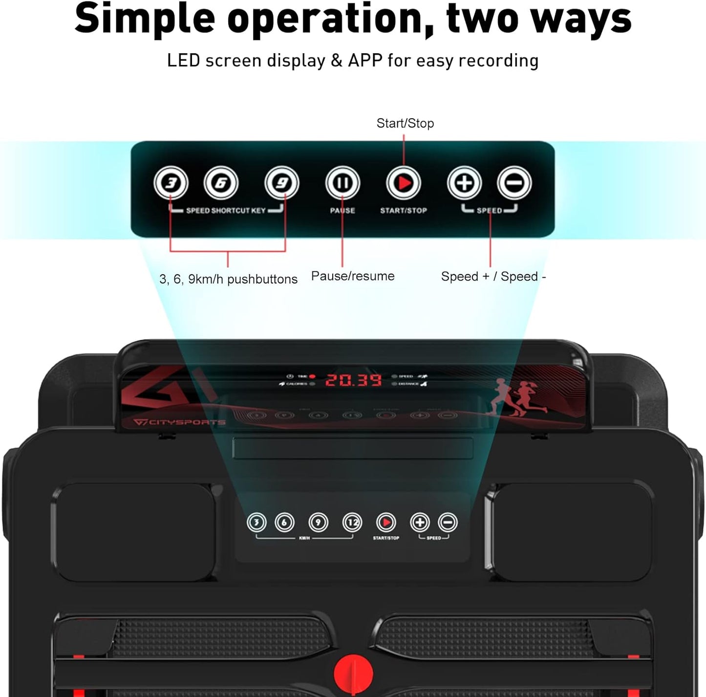 CITYSPORTS tapis course pliable 12km/h, LED, app, support tablette, noir/rouge