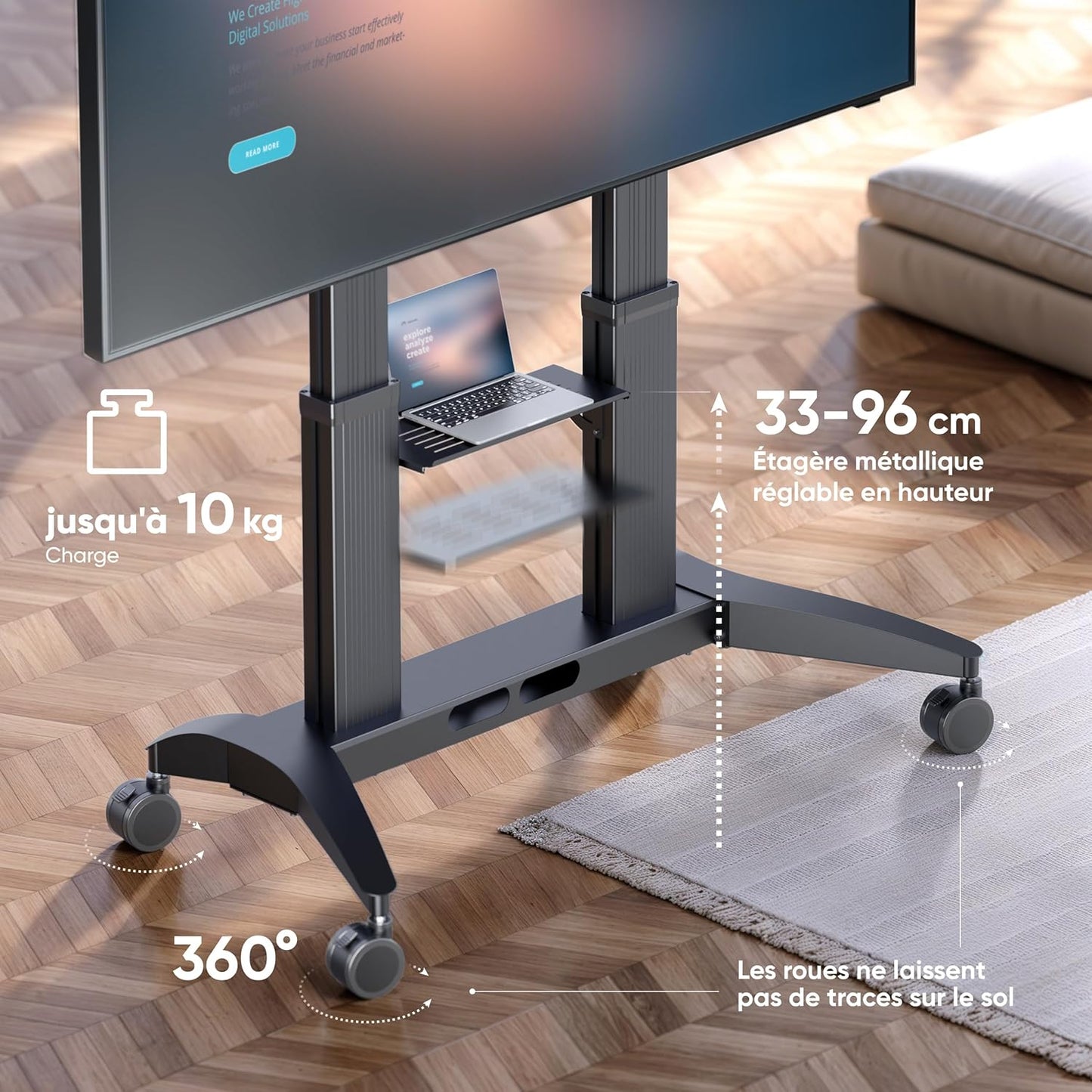ONKRON support TV roulettes TS2821-B, écran 70–110", 130kg, étagère, VESA