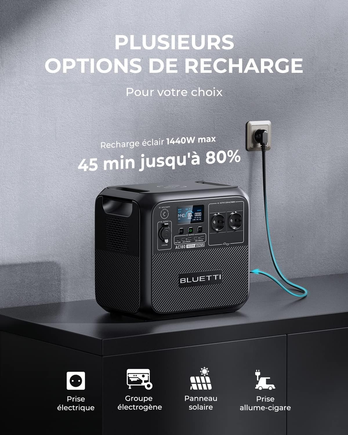 BLUETTI AC180 générateur portable 1152Wh, 1800W, recharge 45min (reconditionné)