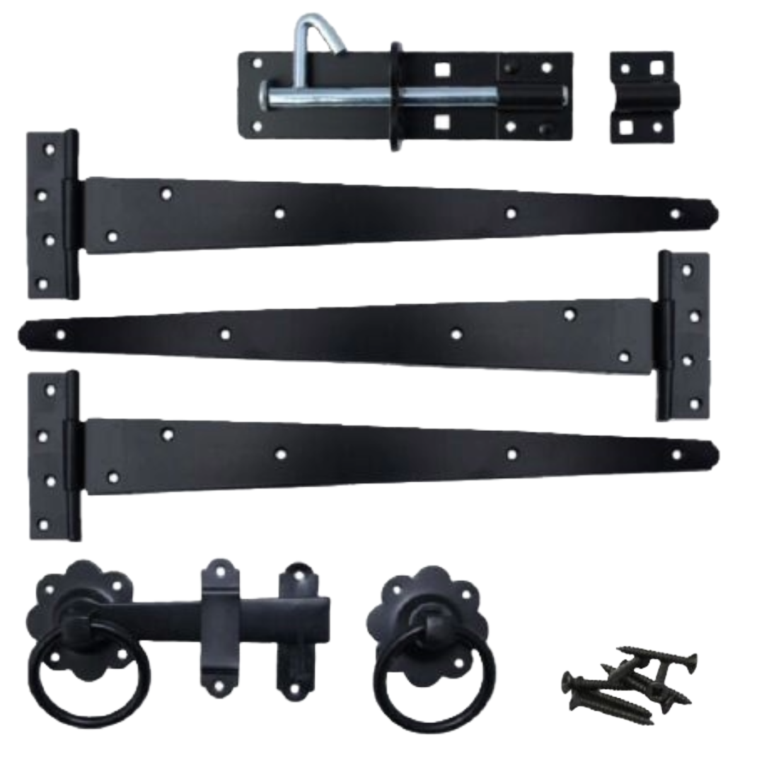 Kit de fixation pour portail latéral de jardin, 3 charnières en T, loquet à anneau, jeu de boulons Brenton, NOIR