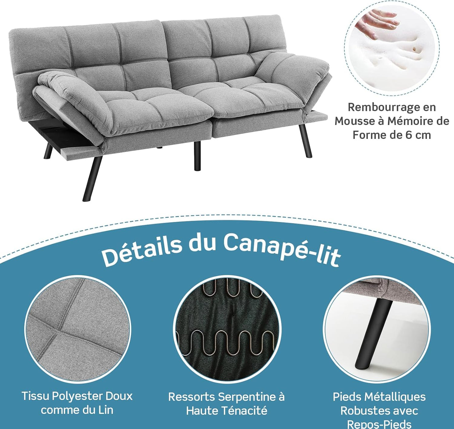 RELAX4LIFE canapé-lit convertible 5-en-1, accoudoirs/dossier réglables, métal