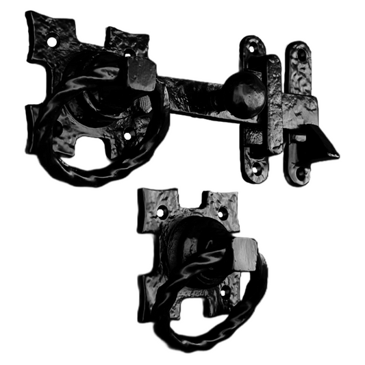 Loquet de portail à anneau torsadé carré Fleur de Lys noir antique 200 mm Garden Cottage 