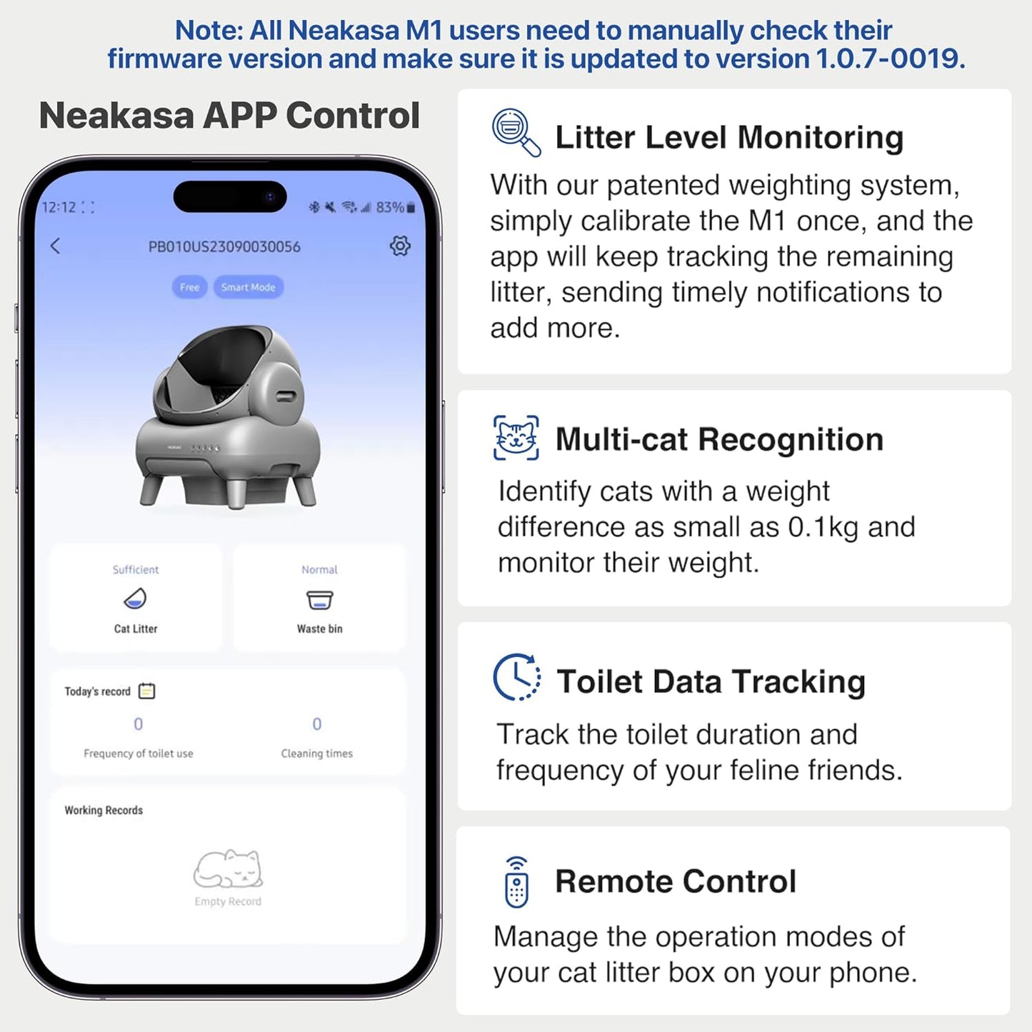 M1 bac à litière auto-nettoyant, contrôle app, sans odeur, sacs & tapis inclus