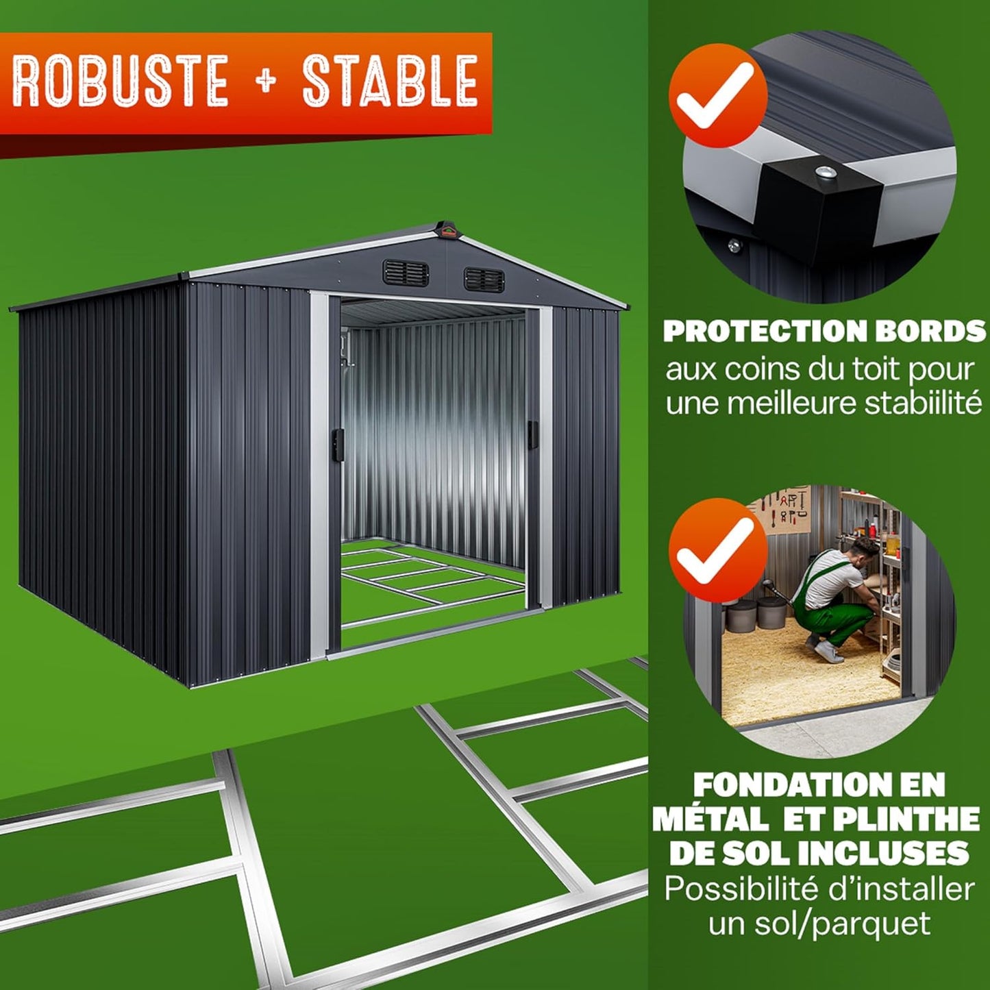 GARDEBRUK abri jardin métal XXL 5m², porte coulissante, fondation incluse