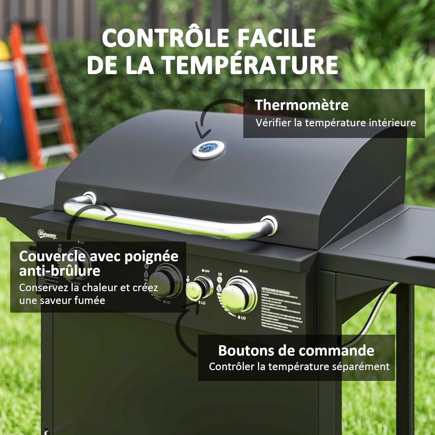 Outsunny barbecue gaz 3+1 brûleurs 9,5kW, jardin, chromé, roues, camping, noir