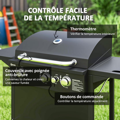 Outsunny barbecue gaz 3+1 brûleurs 9,5kW, jardin, chromé, roues, camping, noir