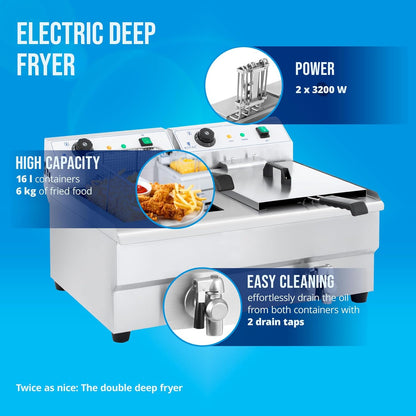 Royal Catering friteuse électrique 2x3200W, 2x12L huile, pro, inox, robinets