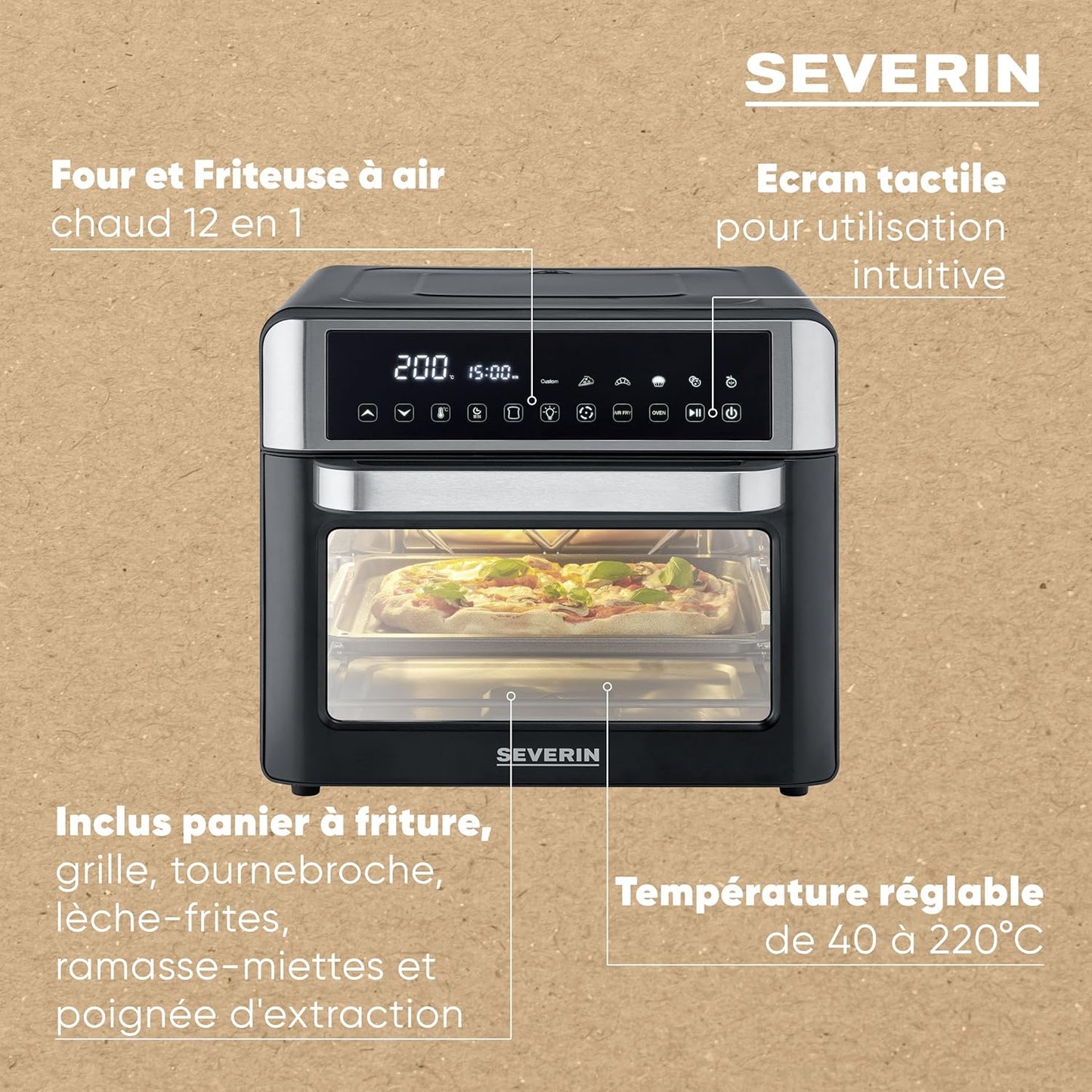 SEVERIN Mini-Four Air Chaud 12-en-1 25L Noir/Inox 2200W Écran Tactile TO9579