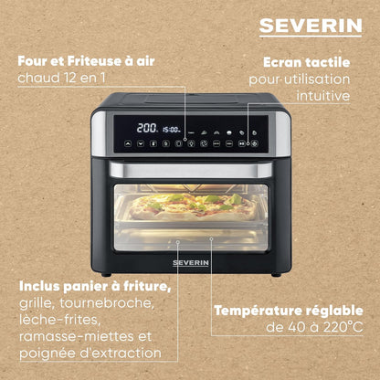 SEVERIN Mini-Four Air Chaud 12-en-1 25L Noir/Inox 2200W Écran Tactile TO9579