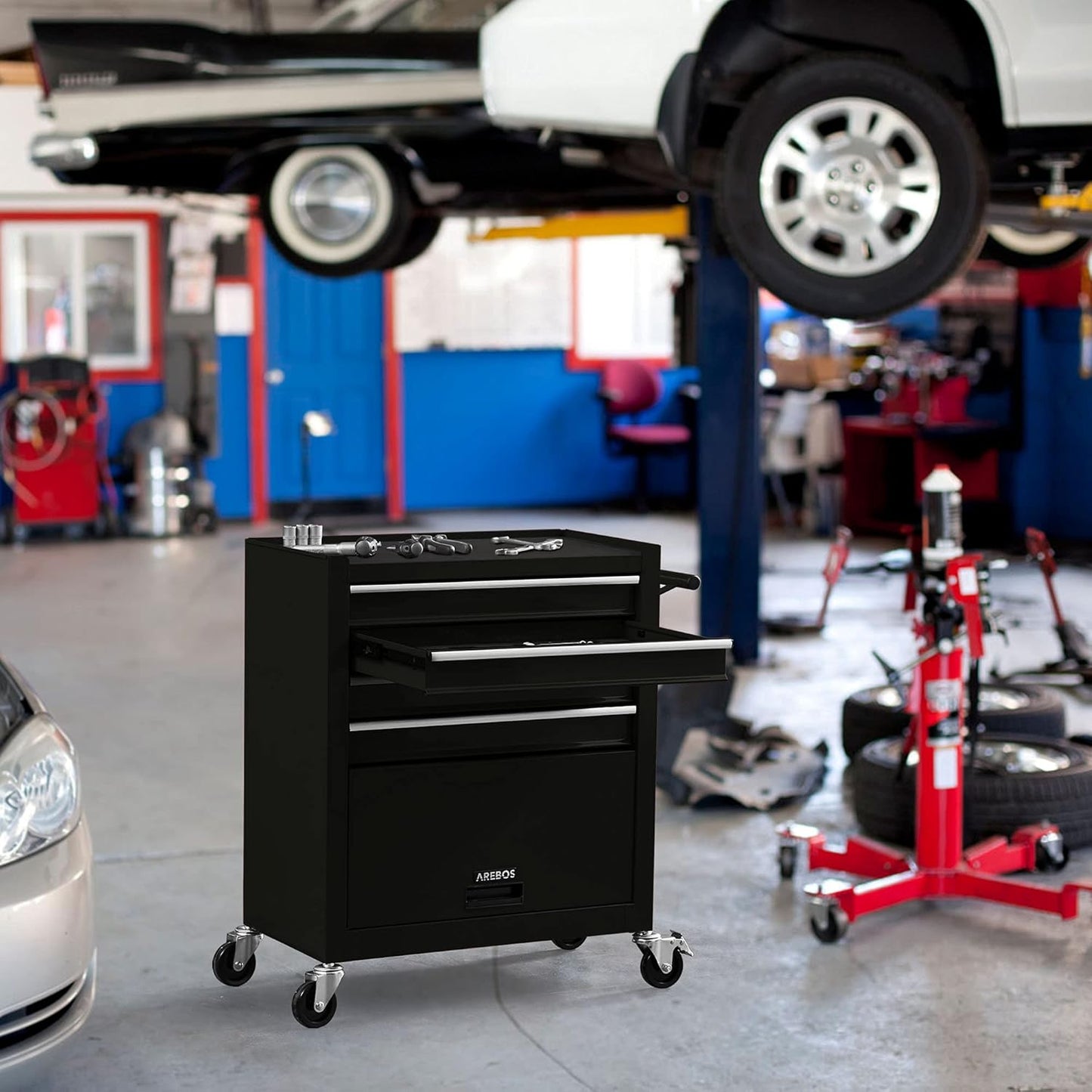 AREBOS chariot atelier 4 tiroirs, 81 outils, roulettes freinées, noir