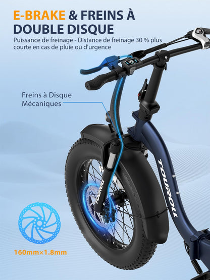 Touroll S2 vélo électrique pliable fat bike 20", 48V 15Ah, 150km, 7 vitesses
