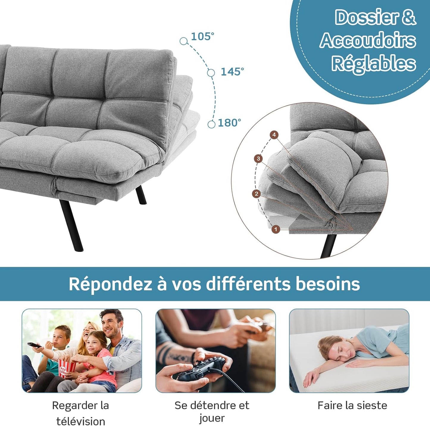 RELAX4LIFE canapé-lit convertible 5-en-1, accoudoirs/dossier réglables, métal