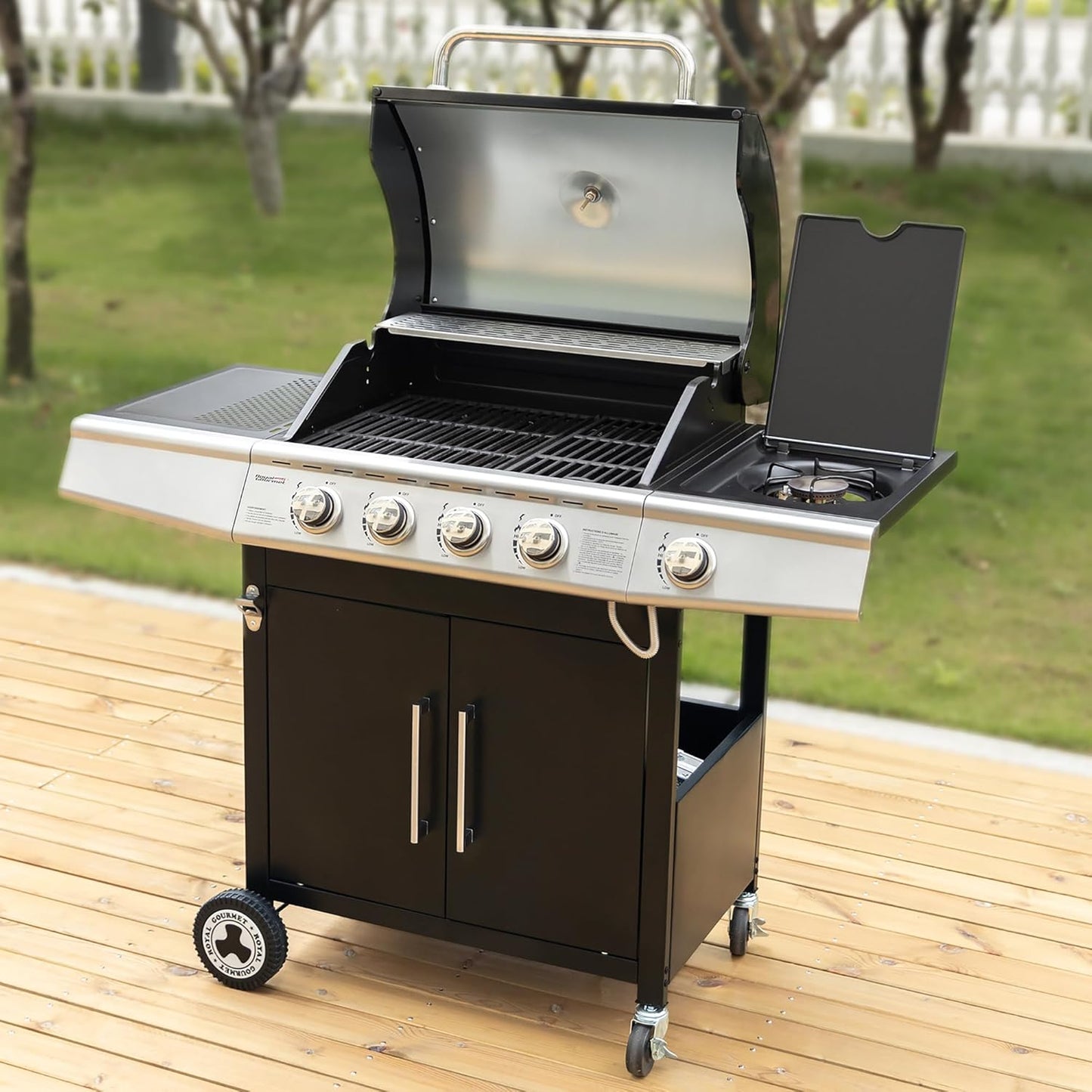 Royal Gourmet barbecue gaz 4+1 brûleurs inox, 14.5kW, jardin, roues et portes