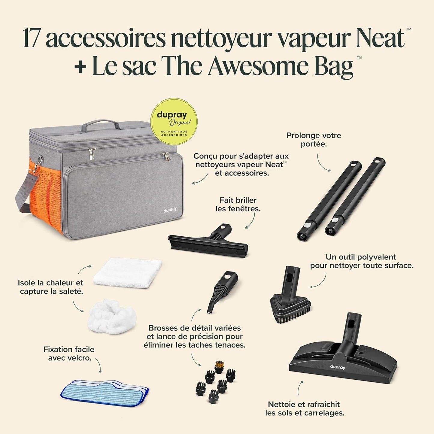 Dupray Neat nettoyeur vapeur, 18 accessoires, sols, voiture, joints + sac