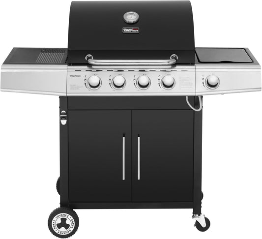 Royal Gourmet barbecue gaz 4+1 brûleurs inox, 14.5kW, jardin, roues et portes