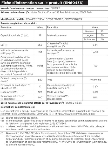 COMFEE' Lave-vaisselle 60cm 12 couverts, demi-charge, départ différé, inox