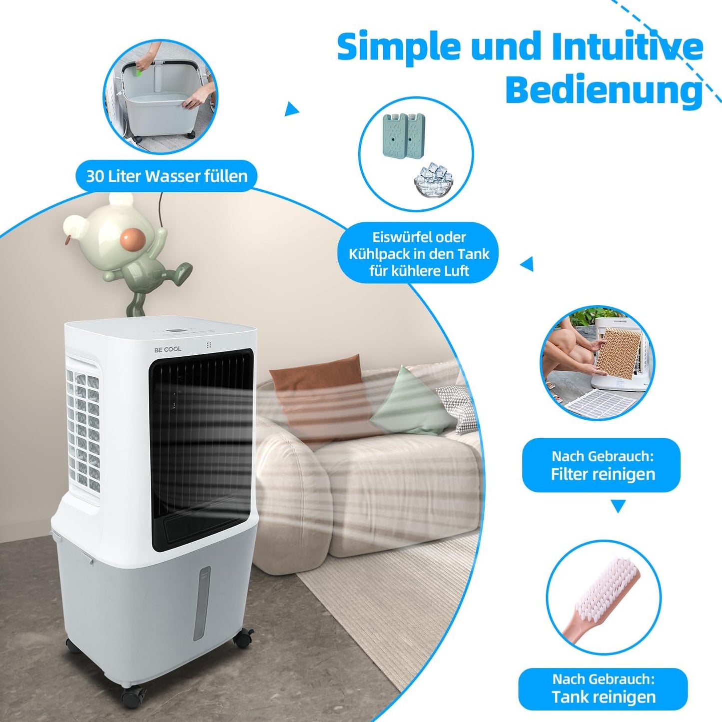 BE COOL BC30ACP2501W refroidisseur d'air 30L, WiFi, 1800m³/h, LED, télécommande