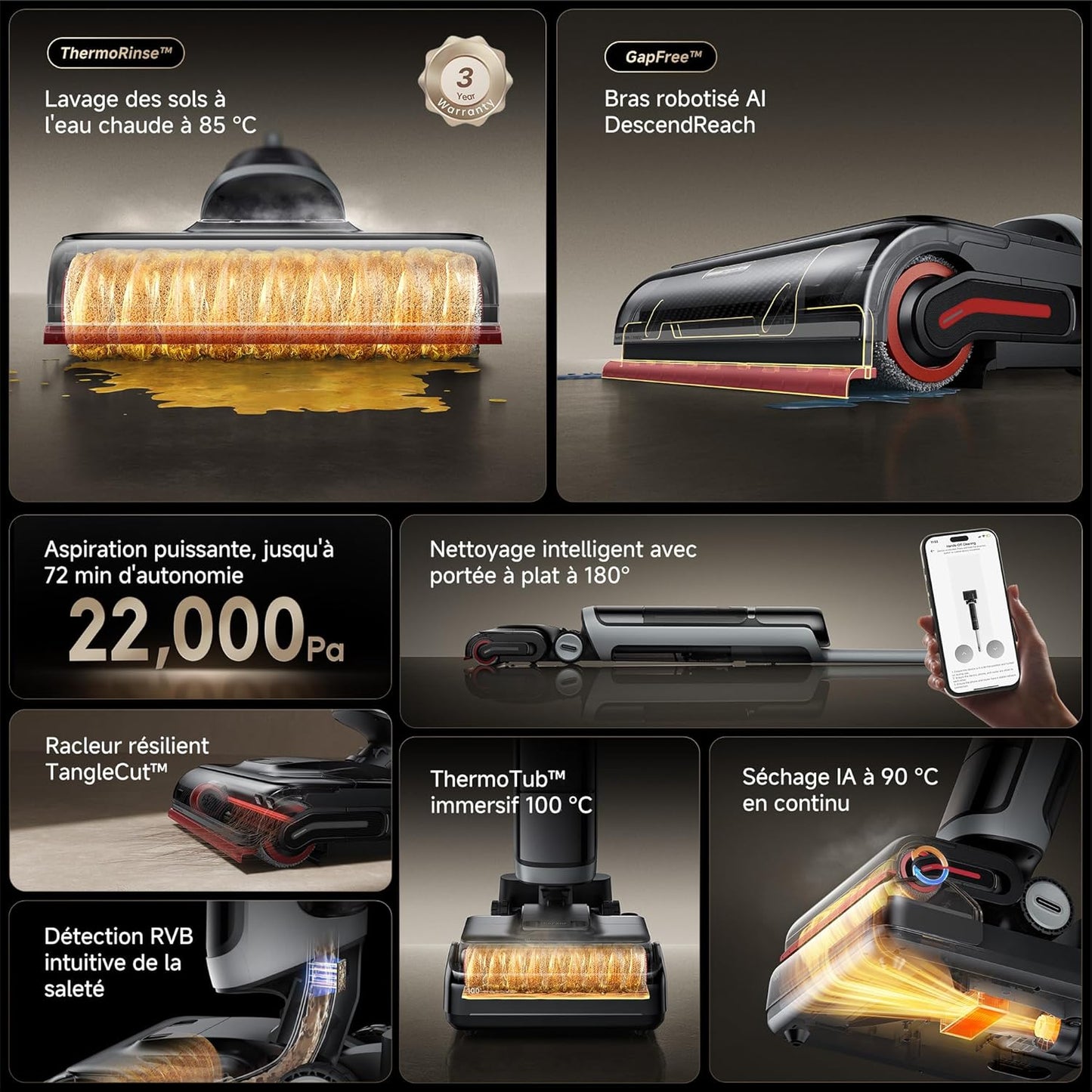 Dreame H15 Pro Heat aspirateur laveur, 85°C sol, IA bras, 22kPa, app, brosse 100°C