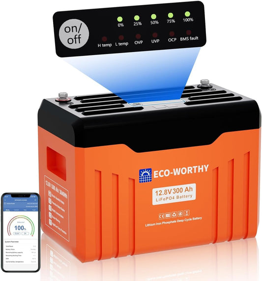 ECO-WORTHY batterie lithium 12V 300Ah LiFePO4, écran, 200A BMS, Bluetooth