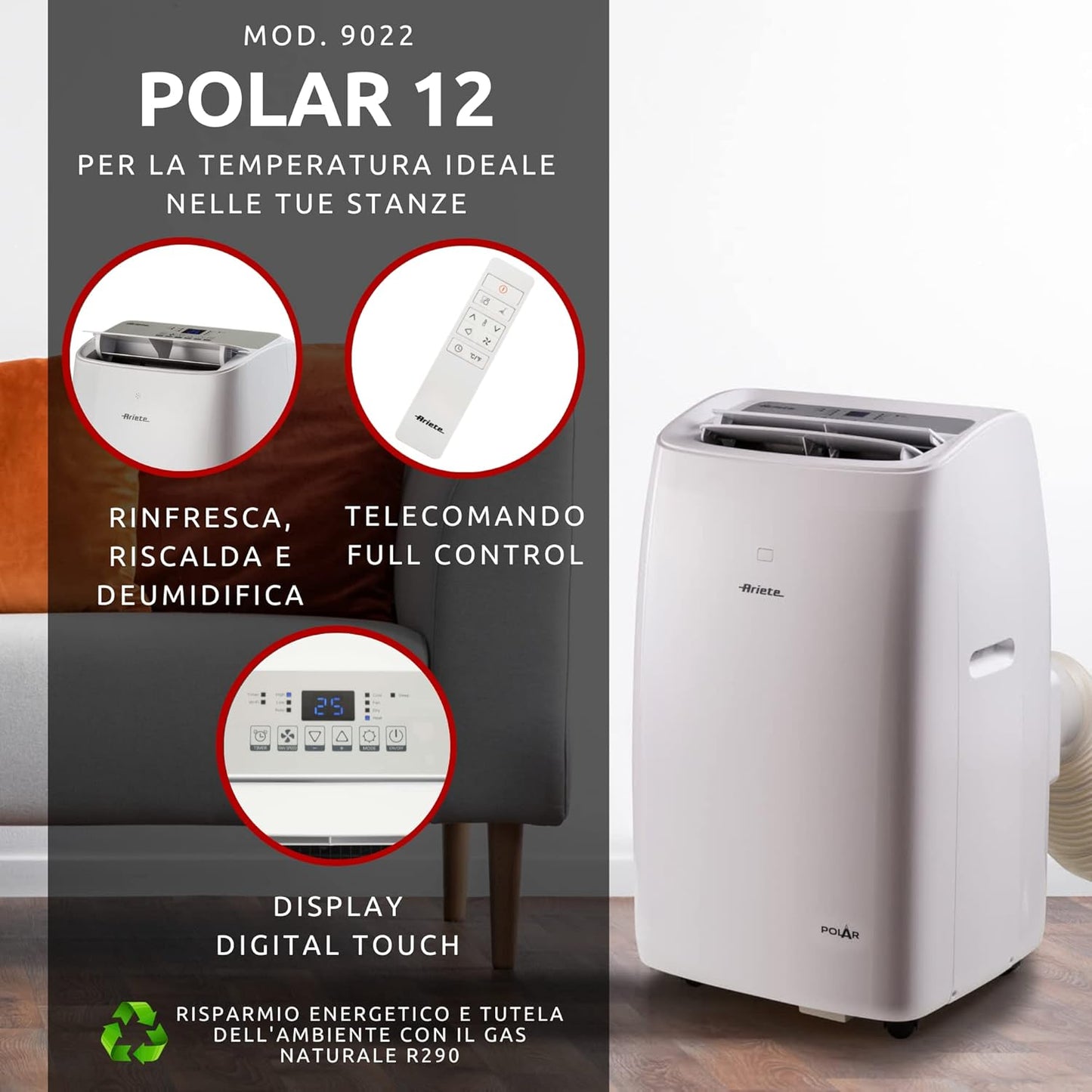 Ariete Polar 12 climatiseur portable 12000BTU, gaz R290, classe A, blanc