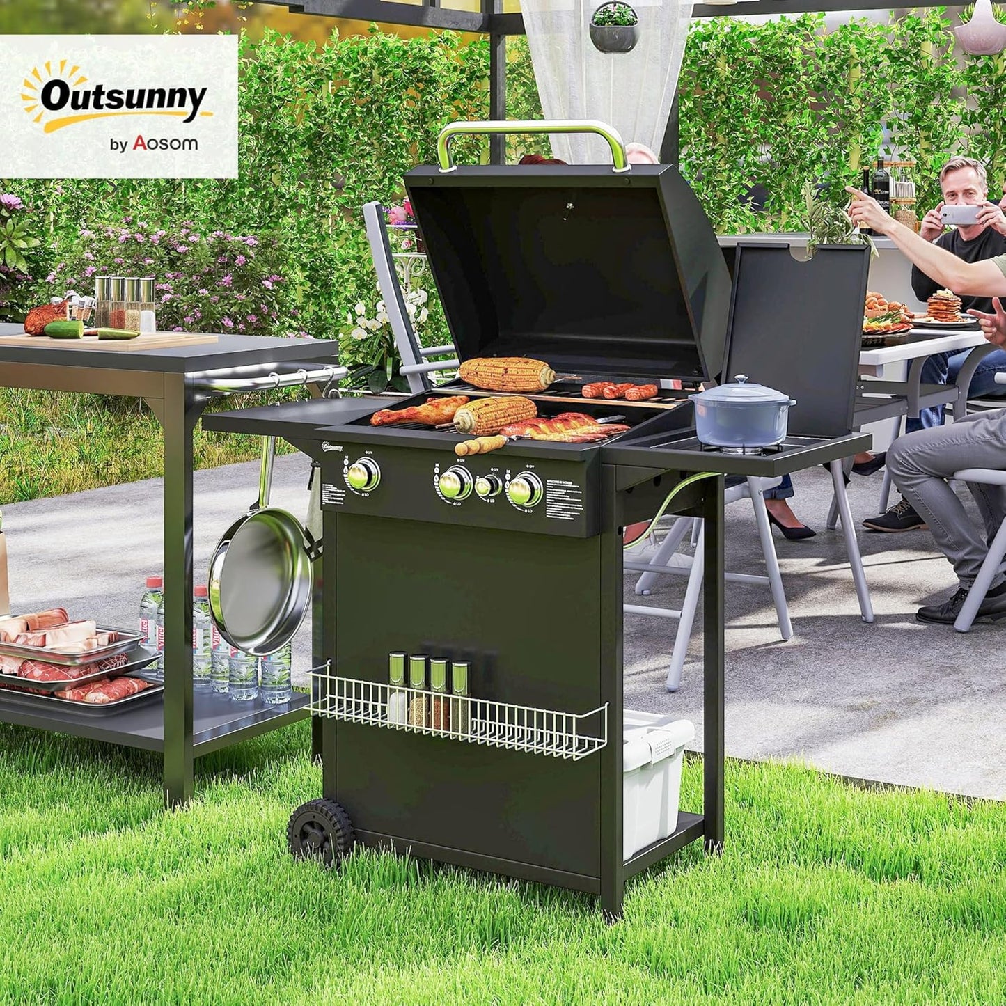 Outsunny barbecue gaz 3+1 brûleurs 9,5kW, jardin, chromé, roues, camping, noir