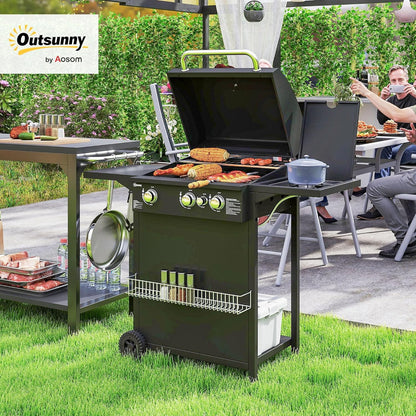Outsunny barbecue gaz 3+1 brûleurs 9,5kW, jardin, chromé, roues, camping, noir